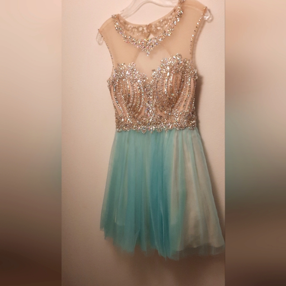 Babydoll blue beaded bedazzled glamorous gemstone quinceanera prom mini dress